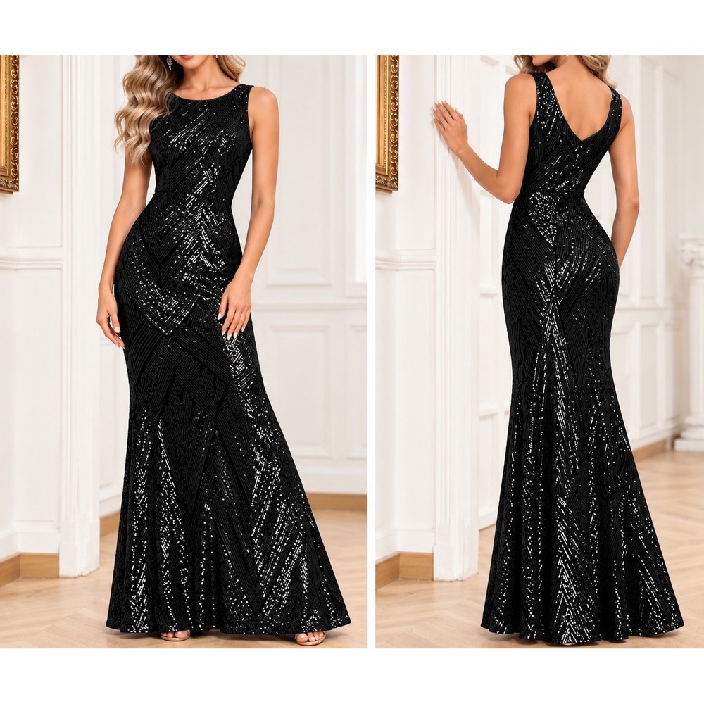 Elegant Black Sequin Maxi Formal Gown Sleeveless XL Wedding Guest Dress $105MSRP